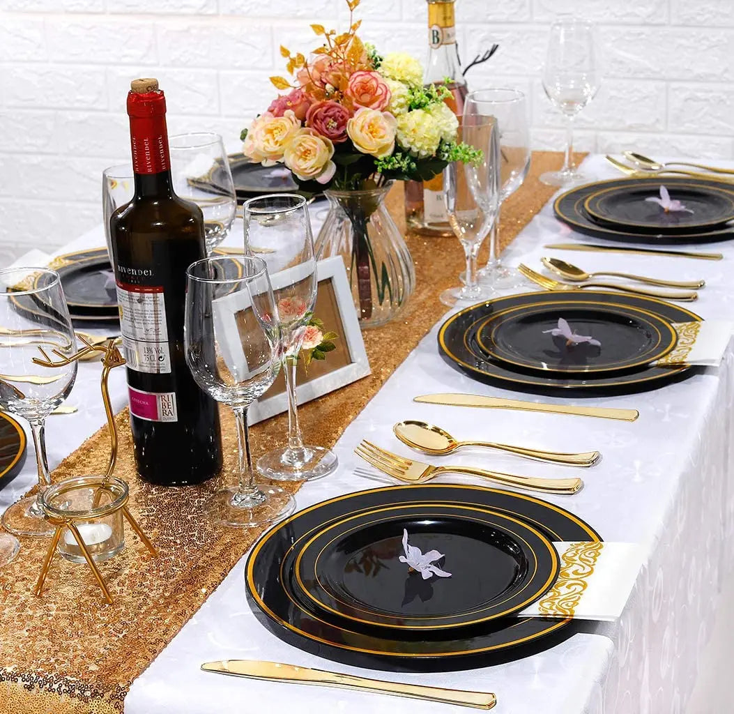 50/25Pieces Black Plastic Plates with Gold Rim-7.5inch Disposable Salad/Dessert Plates Party Plates-Ideal for Weddings& Parties