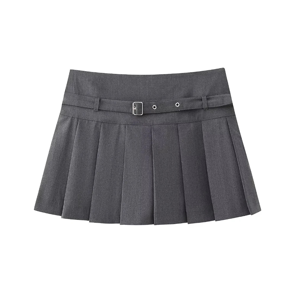 TRZA-Pleated Shorts Skirts for Women, With Belt,Side Zipper, Mid Waist, Female Skort,Fashion