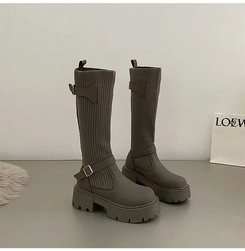 Long Boots Women New Knitted Elastic Boots Retro Thick-soled Women's High Boots Knee-length Boots Elegant Boots and Women shoes