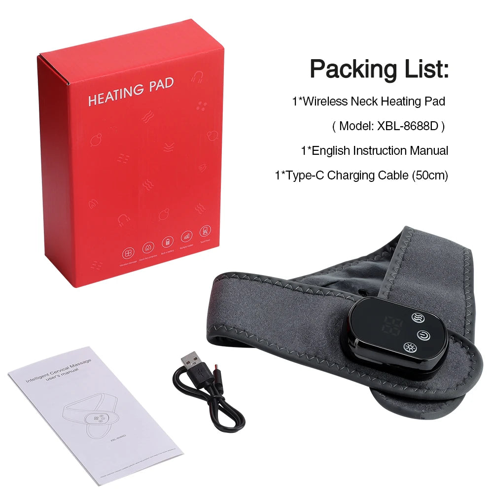 Wireless Neck Heating Pad Vibration Massage Cordless Heated Neck Wrap for Neck & Shoulder Discomfort Relief Electric Thermal Nec