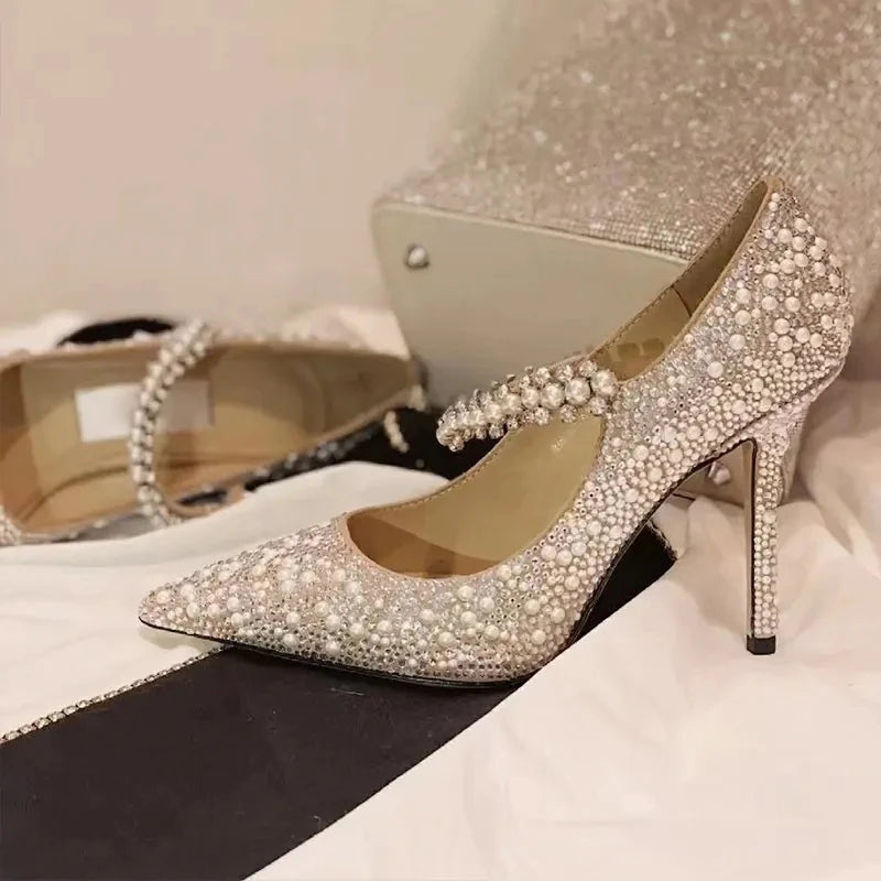 Bridesmaids Banquet Heels For Women 2025 New Skinny With Bride Wedding Shoes Dress Pearl Crystal Annual Meeting Single Shoes