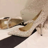Bridesmaids Banquet Heels For Women 2025 New Skinny With Bride Wedding Shoes Dress Pearl Crystal Annual Meeting Single Shoes
