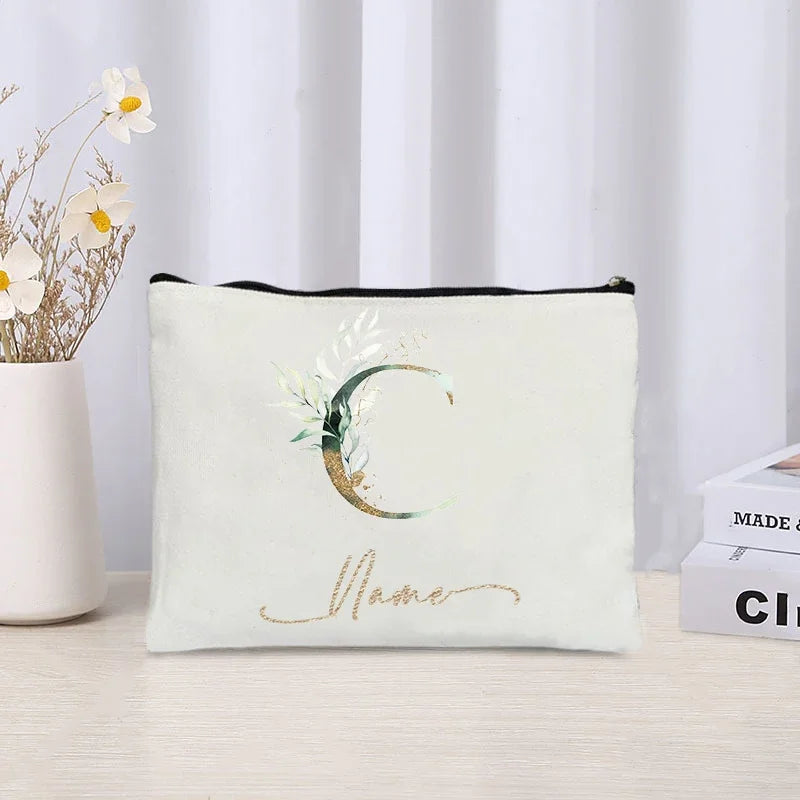 26 letters Flowers Custom Name Printed Makeup Bag Bridesmaid Wedding Makeup Box Gift Organizer Travel perfume Toilet Side Bag