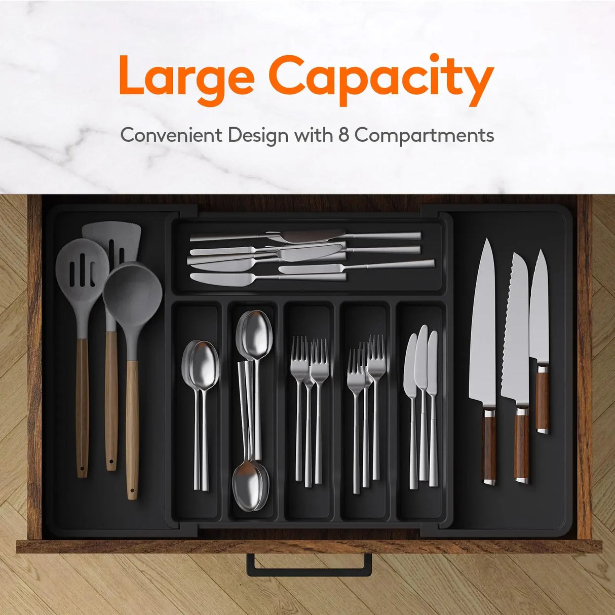 Adjustable Kitchen Storage Organizer Tray – Plastic Multifunctional Drawer Organizer for Kitchen Counter Utensils
