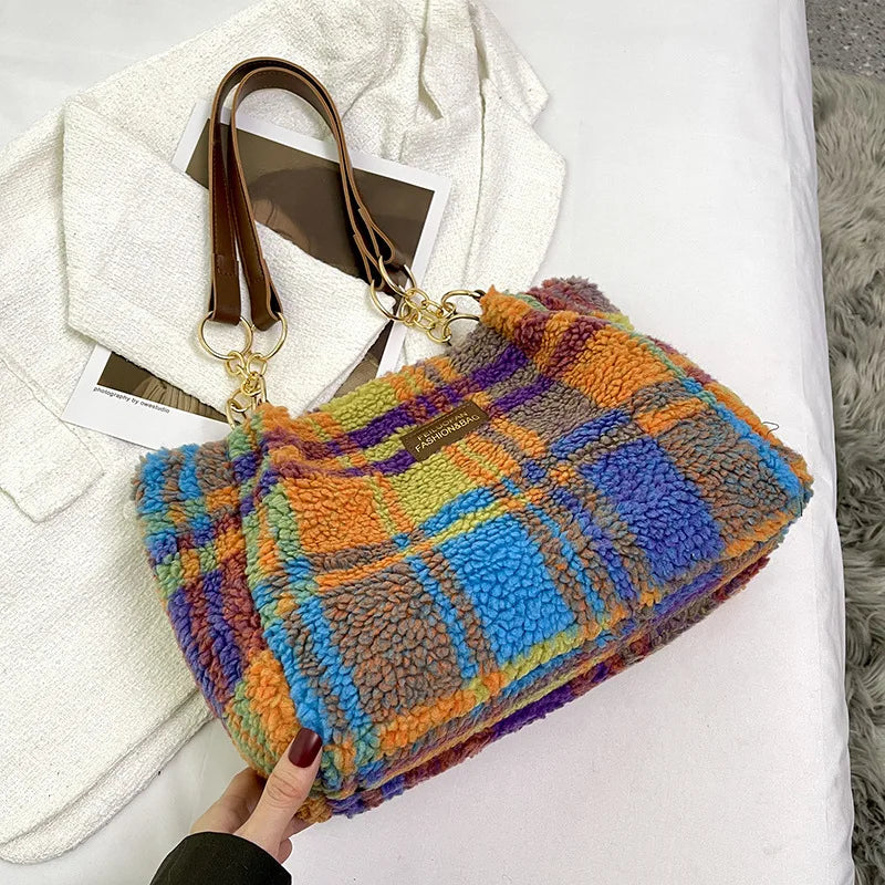 Women's Tote Bag Plaid Pattern Sherpa Large Capacity Tote Bag Shopping Chroma Handbag