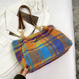 Women's Tote Bag Plaid Pattern Sherpa Large Capacity Tote Bag Shopping Chroma Handbag