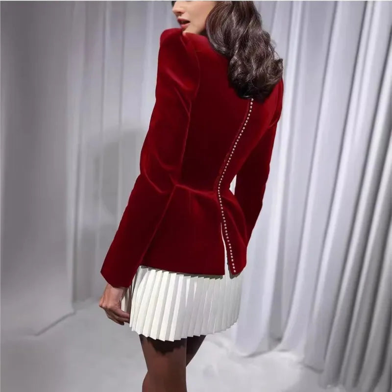 Elegant Velvet Long Sleeve Mini Dress For Women Fashionable Square Neck Pleated High Waist Dress For Women Chic Short Robe