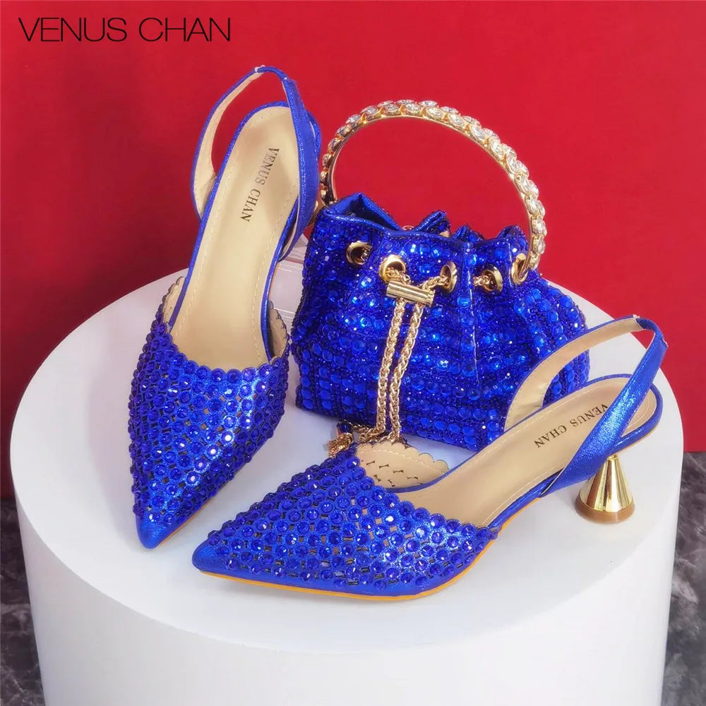Popularity Pointed Toe Heels for Women 2024 Elegant Party Golden Color Full Diamond Pumps Italian Shoes and Bags Matching Set