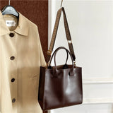 Black Tote Bag For Women Fashion Wide Strap Shoulder Handbag High Quality Pu Leather Bag Coffee Brown Female Brand Commute Bag