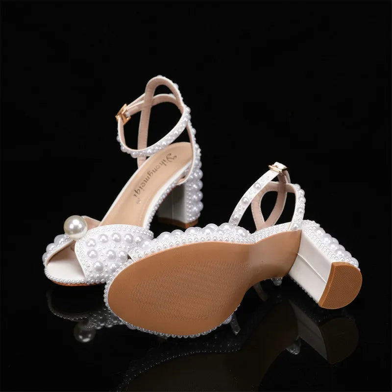 Sweet Handmade Pearl Stiletto Line With Shallow Cut Party Wedding Shoes Thick Heels High Heels For Women