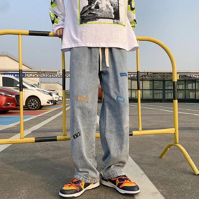 Jeans for Men with Print Trousers Graphic Hip Hop Male Cowboy Pants Light Blue Luxury Y2k Streetwear Aesthetic Harajuku Baggy Xs