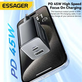 Essager GaN 45W USB Charger Fast Charger PD QC 3.0 USB C Charger Quick Charger For iPhone 14 13 Travel Charger for Samsung S21