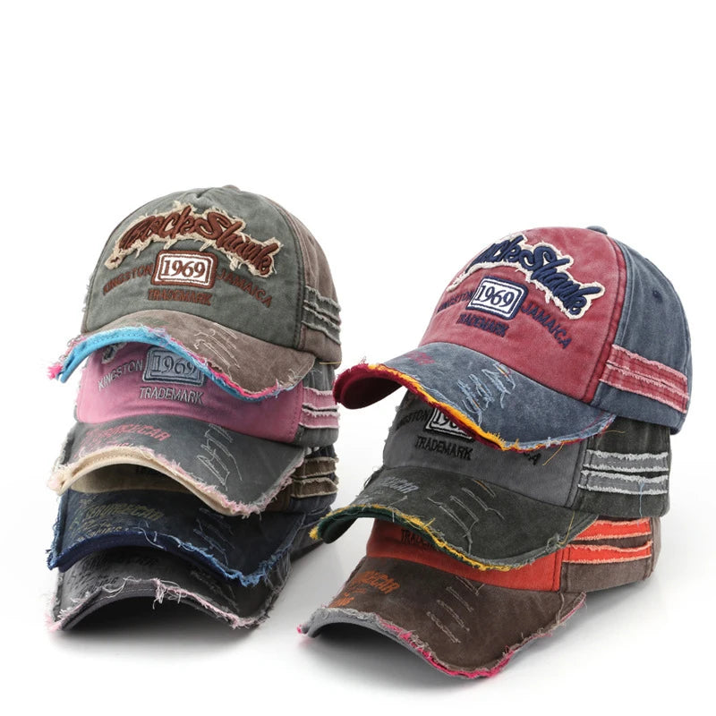 1969 vintage washed vintage letter embroidered perforated duckbill cap for men and women sun shading baseball cap