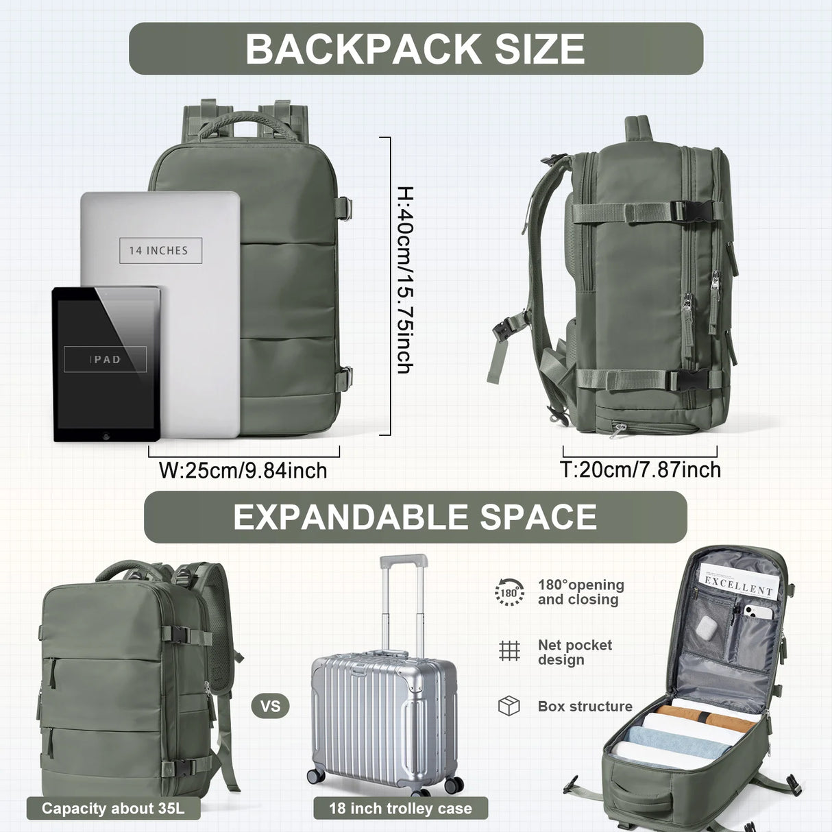 Men's Travel Backpack 40x20x30 Ryanair Short Distance Hand Luggage Business Waterproof Backpack Carry-ons Laptop Bag College Bag