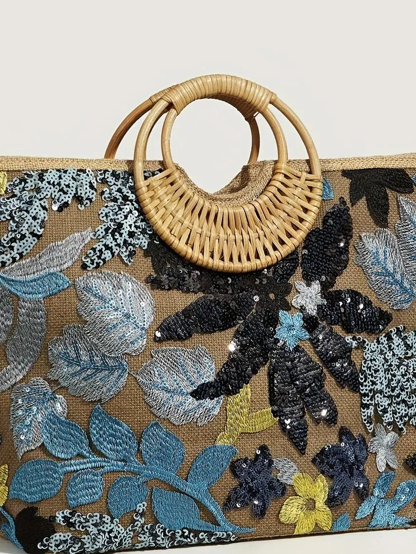 Women's Tote Bag Bead Flower Round Hand Weave Capacity Large Tote Bag Beach Bag