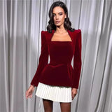 Elegant Velvet Long Sleeve Mini Dress For Women Fashionable Square Neck Pleated High Waist Dress For Women Chic Short Robe