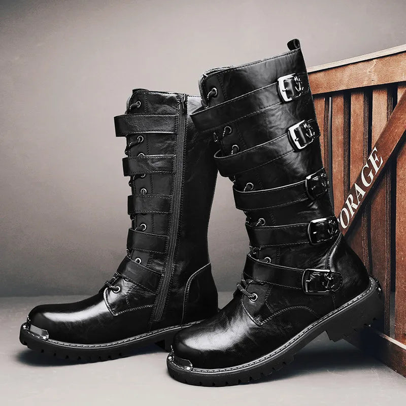 Black Motorcycle Boots Men's Leather High Boots Streetwear Designer Men Boots Punk Cowboy Boots Male Tooling Boots Big Size 46