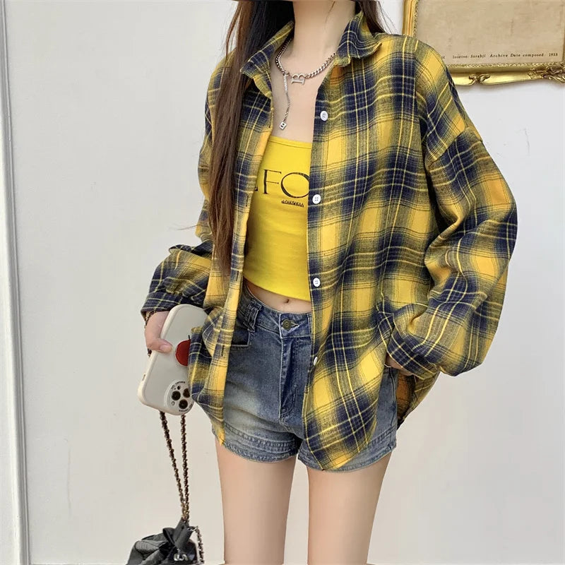 Women's Plaid Flannel Shirt Casual Button Down Long Sleeve Flannel Plaid Blouse Loose Check Shirt Female Teen-girl Preppy Outfit