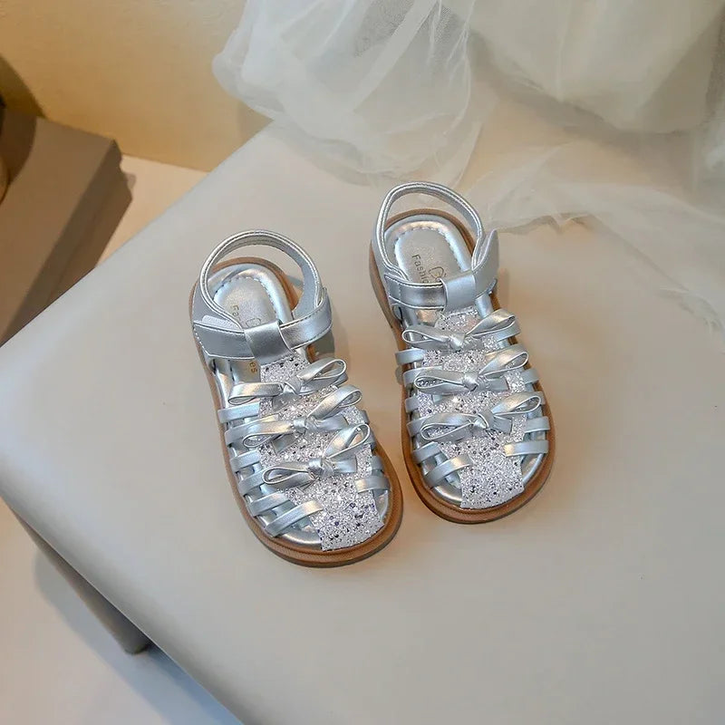 Girls Sandals Simple Sweet Bows 2025 Summer New Kids Beach Shoes Shiny Sequins Children Princess Shoes Ins Trendy Elegant Soft
