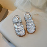 Girls Sandals Simple Sweet Bows 2025 Summer New Kids Beach Shoes Shiny Sequins Children Princess Shoes Ins Trendy Elegant Soft