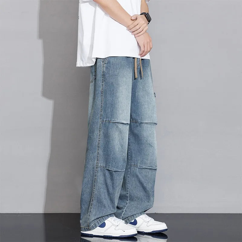 2025 Spring Summer New Vintage Washed Cotton Jeans for Men Clothing Drawstring Straight Men Pants