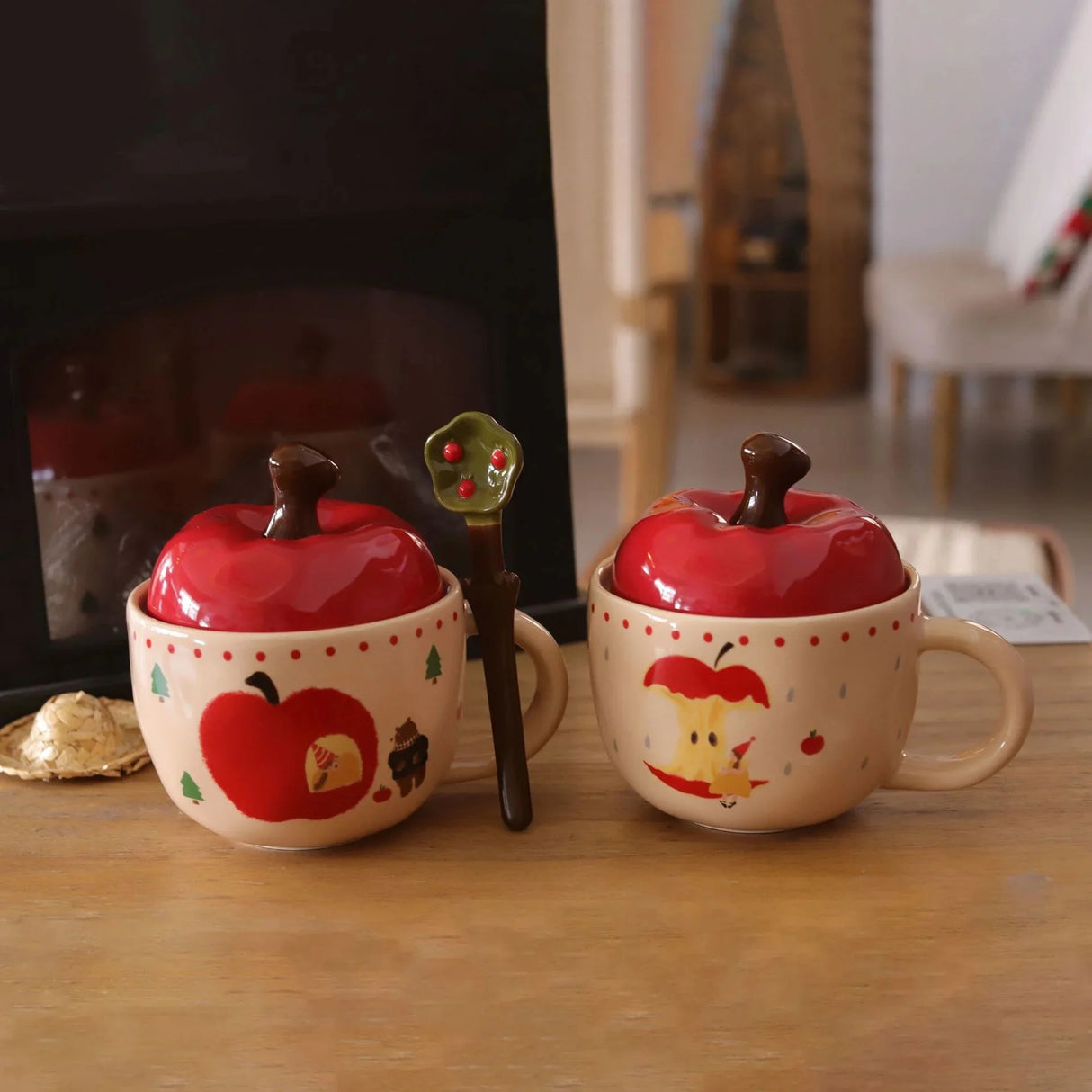 Vintage Mug With Lid And Spoon Apple Shape Ceramic Mug Water Cup Girls Mug Christmas Gift Coffee Mug Couple Milk Breakfast Mug