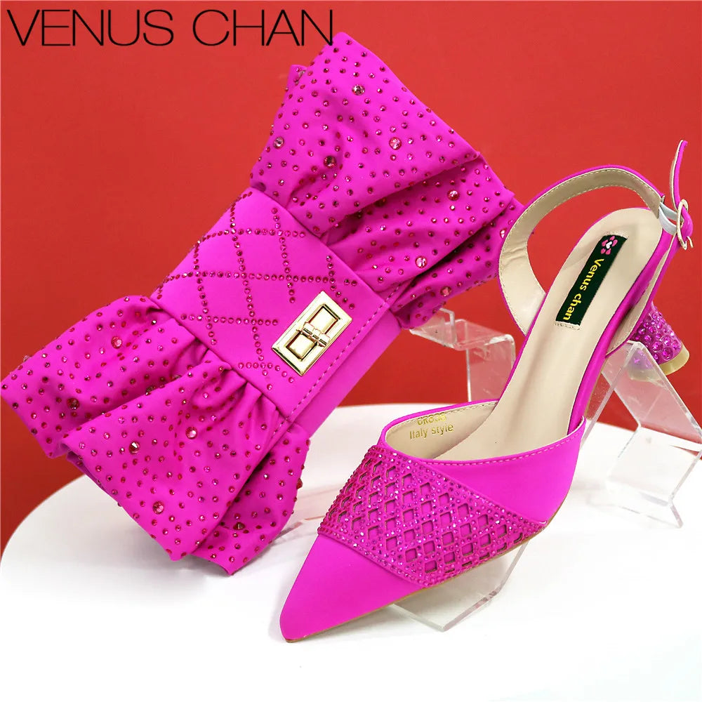 2025 Heel Shoes for Women Hollowed Out Embroidery Rhinestone Italian Design Green Color Pointed-Toe Shoes and Bags Set