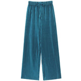 Women Fashion Summer Wide Leg Pants Pleated Ice Silk Trousers Elastic Waist Loose Casual Pants