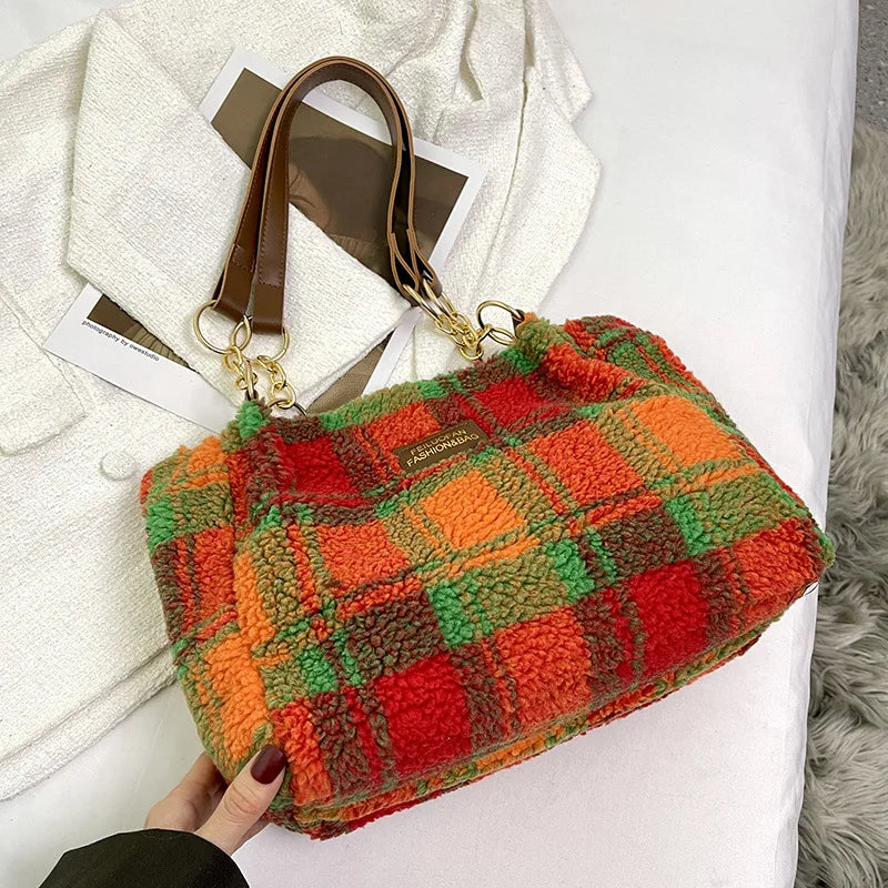 Women's Tote Bag Plaid Pattern Sherpa Large Capacity Tote Bag Shopping Chroma Handbag