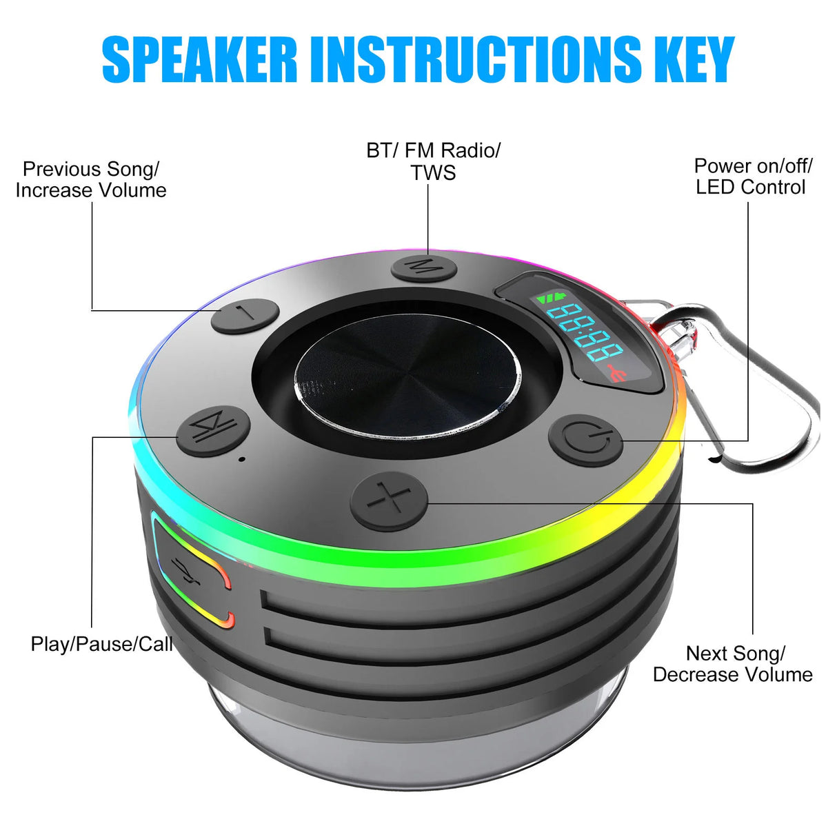 Portable Waterproof Bluetooth Shower Speaker with Suction Cup  IPX7 Waterproof Stereo Subwoofer FM Radio for Bathroom Party
