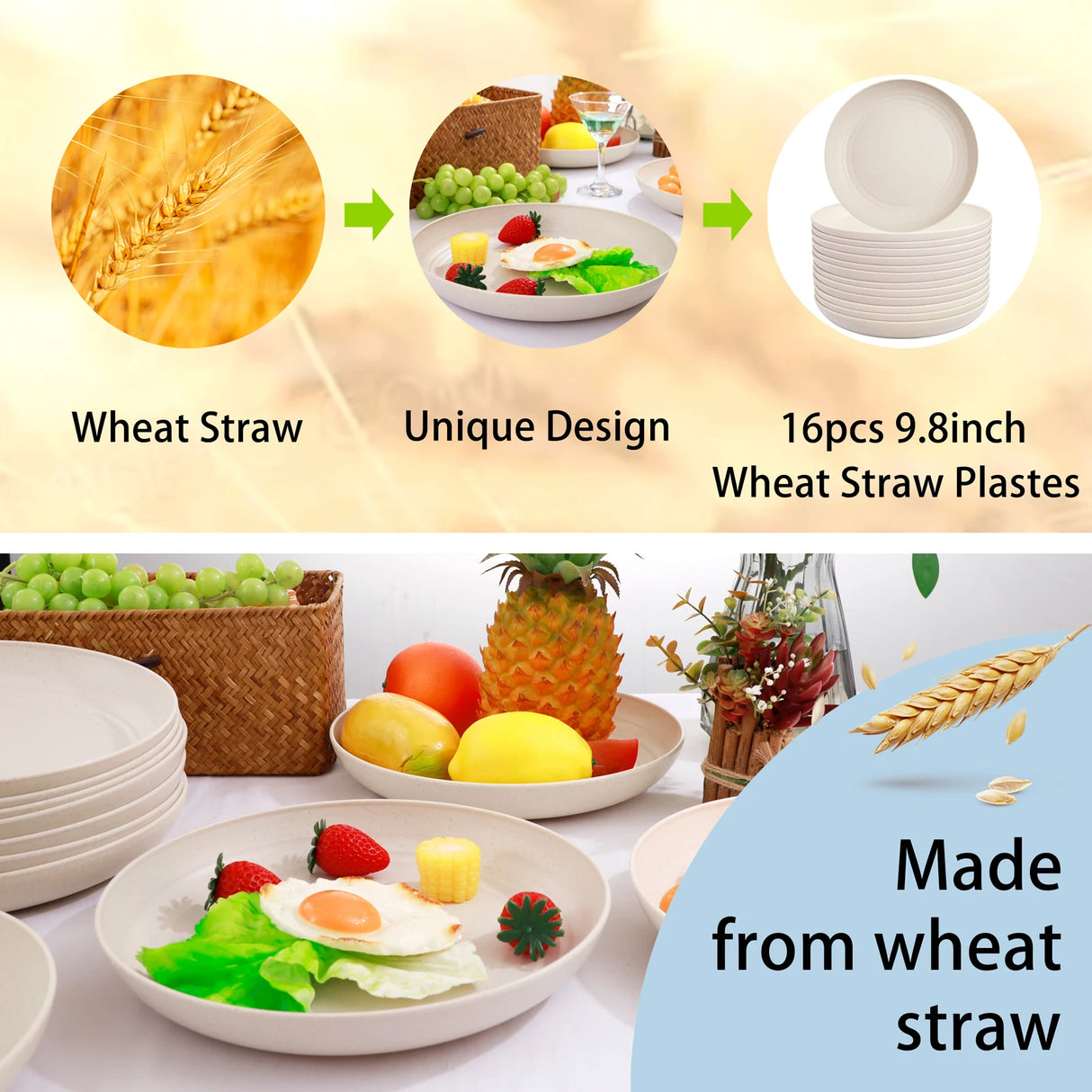 Supernal  8pcs Lightweight Wheat Straw Plates,Plastic Unbreakable Dinner Plates,Reusable Plates,Camping Picnic Plastic Plates