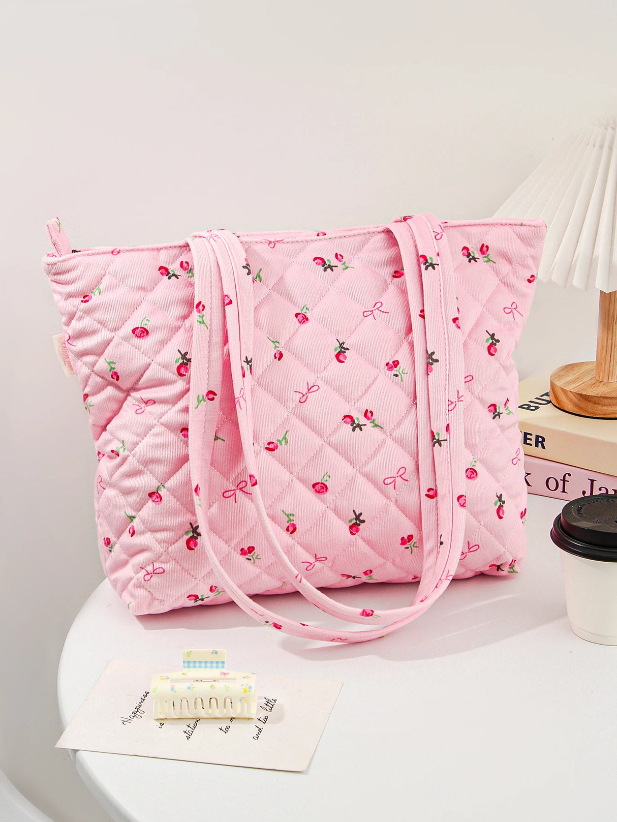 1pcs Fashion Bow and Rose Floral Tote Bag, Cute High-end Girls Casual Fashion Tote Bag, Large Capacity Women Suede Tote Bag, Cut