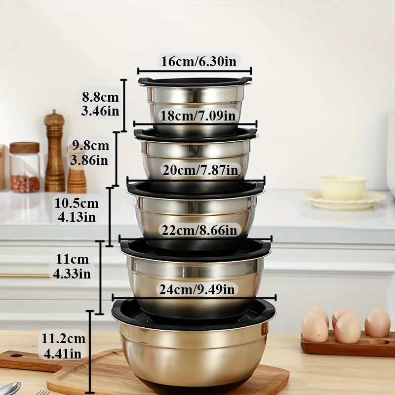 Lided mixing bowl set, 5 stainless steel mixing bowls, perfect for kitchen cooking, baking, and serving
