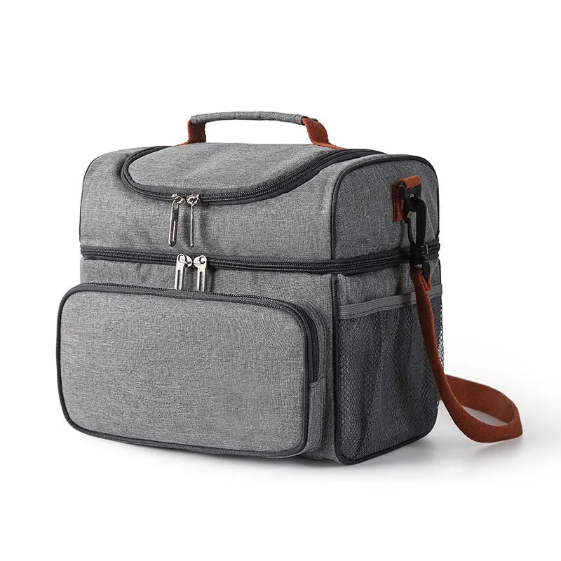 Lunch bag, double-layer insulated lunch box, large refrigerated handbag with detachable shoulder strap, open hot meal preparatio