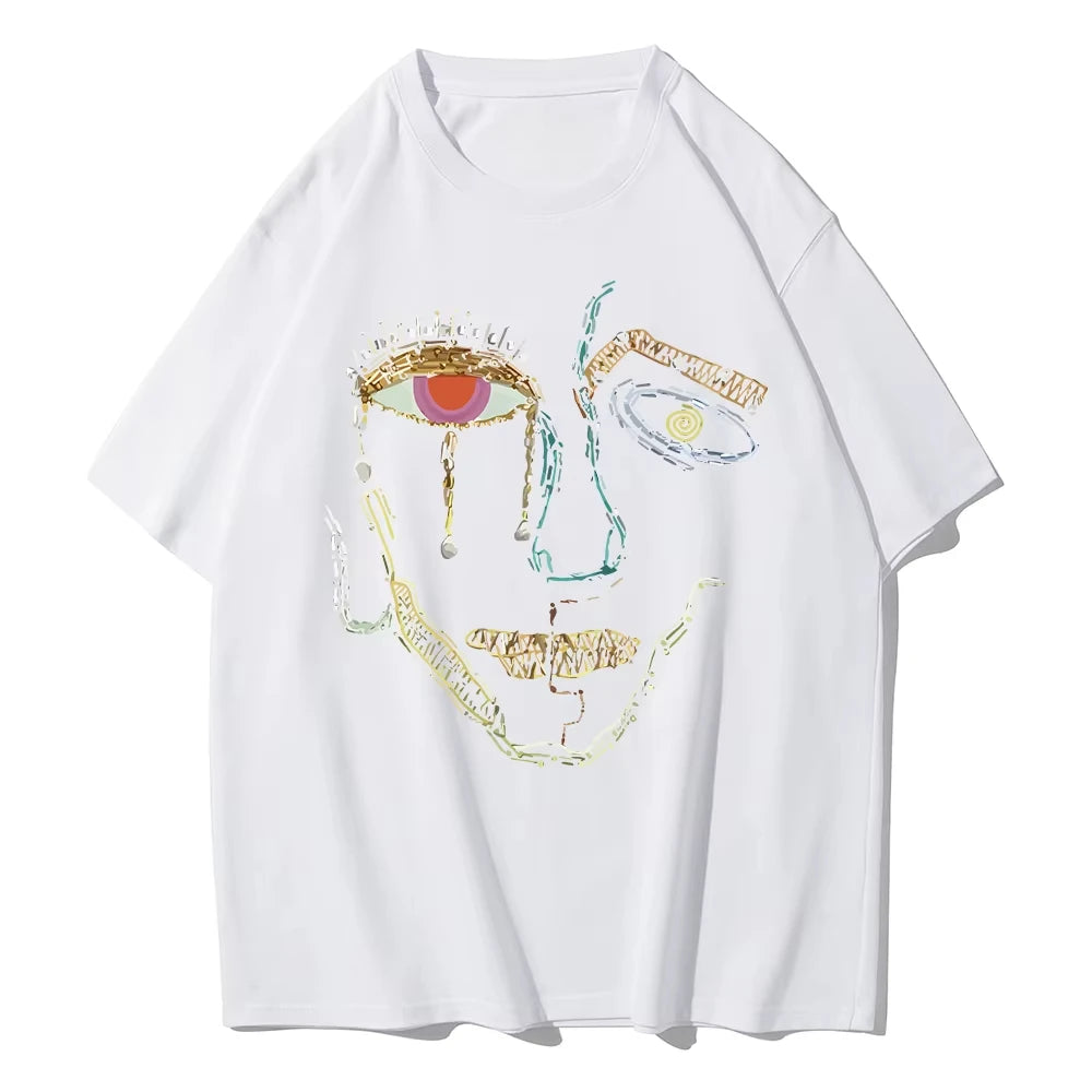 T-Shirts for Women Color Graffiti Women's Face Printing Clothes Street Fashion Tops Loose Casual Short Sleeve Tees Y2k Top