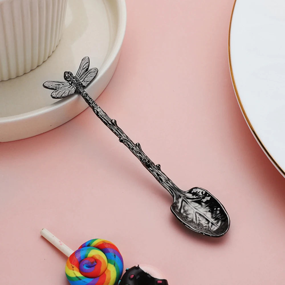 New Retro Coffee Spoon Dragonfly Twig Decorative Stirring Spoon Alloy Leaf Spoon Forest Style Portable Dessert Spoon Tea Spoon