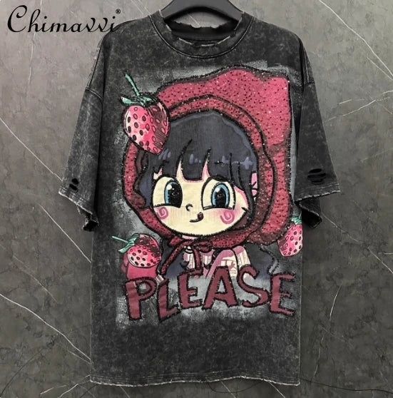 Fashion Hole Design Cartoon Strawberry Girl Sweet T-shirt Top Winter Loose Short-sleeved Women Half-sleeved Tshirts for Women