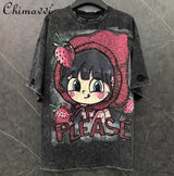 Fashion Hole Design Cartoon Strawberry Girl Sweet T-shirt Top Winter Loose Short-sleeved Women Half-sleeved Tshirts for Women