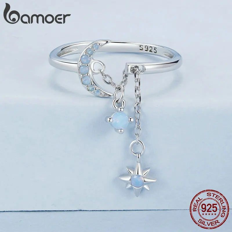 BAMOER 925 Sterling Silver Opal Star and Moon Chain Double Layer Ring for Women Wedding Adjustable Ring for Women Fine Jewelry