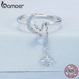 BAMOER 925 Sterling Silver Opal Star and Moon Chain Double Layer Ring for Women Wedding Adjustable Ring for Women Fine Jewelry