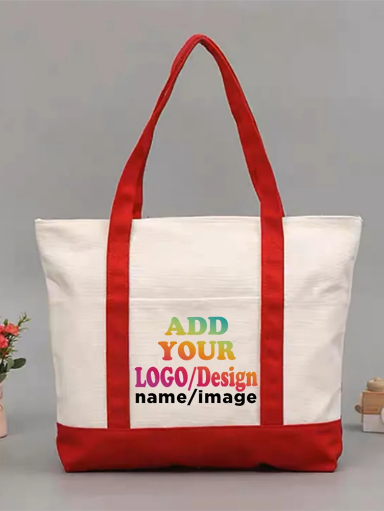 Customized Women Tote Bag Personalized Name Print Logo Zippered Canvas Shopping Tote Bag
