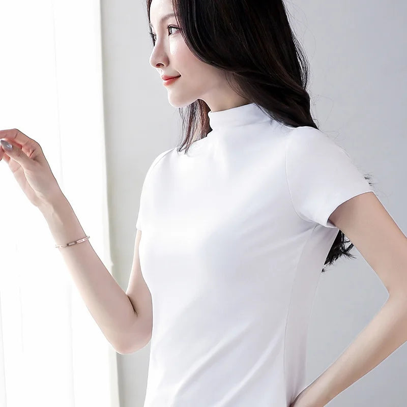 Women Sweetshirts Turtleneck shirts for womens Black White woman clothes Short sleeve Cotton Tees for girls  Basic Tops