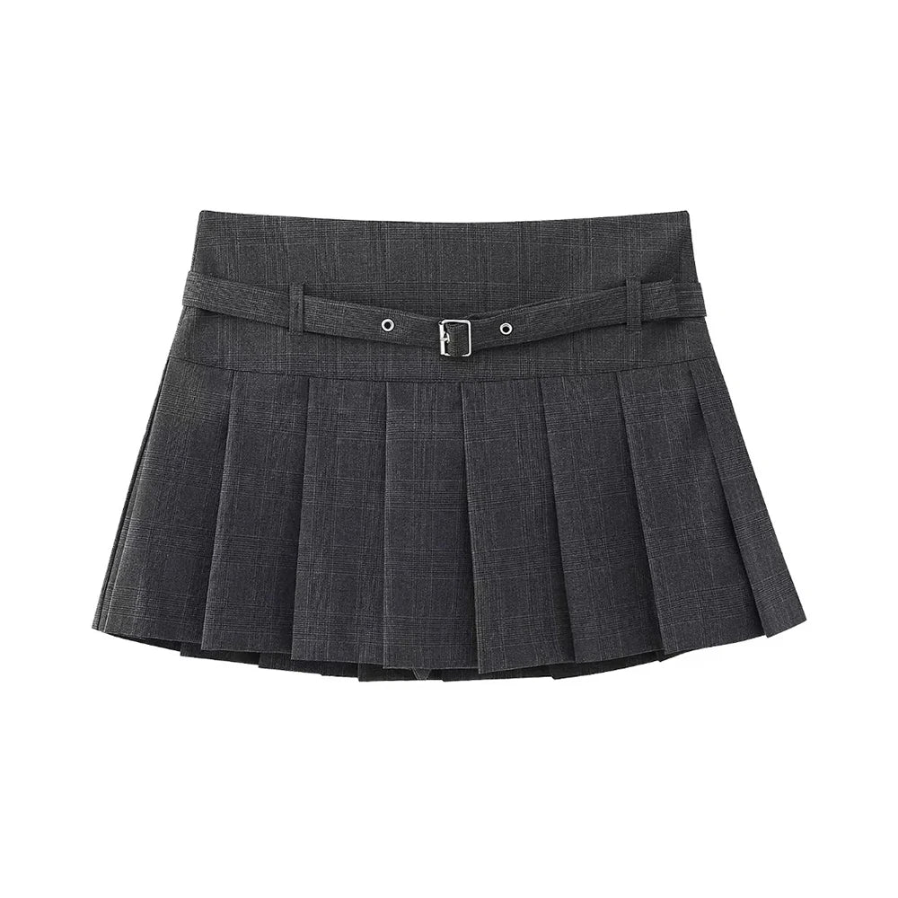 TRZA-Pleated Shorts Skirts for Women, With Belt,Side Zipper, Mid Waist, Female Skort,Fashion