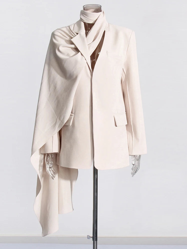 TWOTWINSTYLE Solid Minimalist Blazer For Women Scarf Collar Long Sleeve Patchwork Pocket Asymmetrical Blazers Female Fashion New