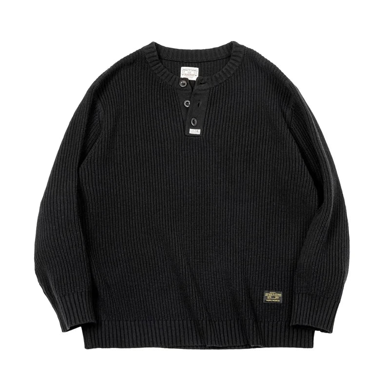 Maden Workwear American Retro Black Knitted Henley Shirt Vertical Stripe Pullover Sweater for Men Autumn and Winter