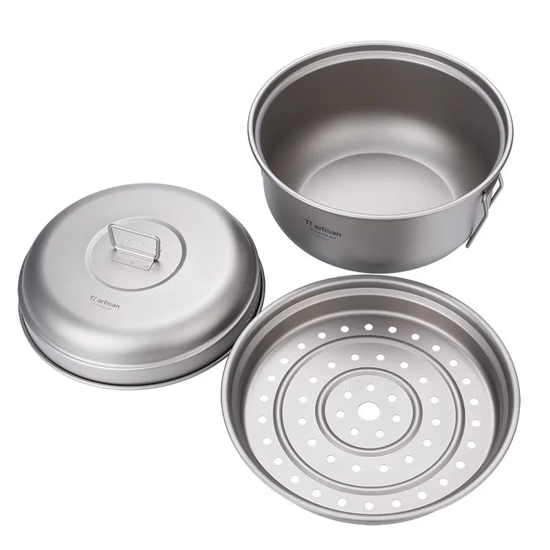 Camping Titanium Cooking Pot 2L Ti Cooking Steamer Ultralight Folding Handle