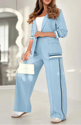 Pant Sets Women Wide Leg Pants Two Piece Set Button Coats Matching Sets Patchwork High Waist Elegant Trousers Pockets Sporty