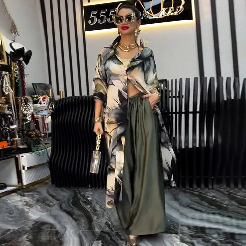 Women Pant Sets Print Shirts Two Piece Single Breasted Long Cardigan Fulls Sleeve Spliced Elegant High Waist Pants Office Lady