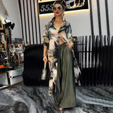Women Pant Sets Print Shirts Two Piece Single Breasted Long Cardigan Fulls Sleeve Spliced Elegant High Waist Pants Office Lady