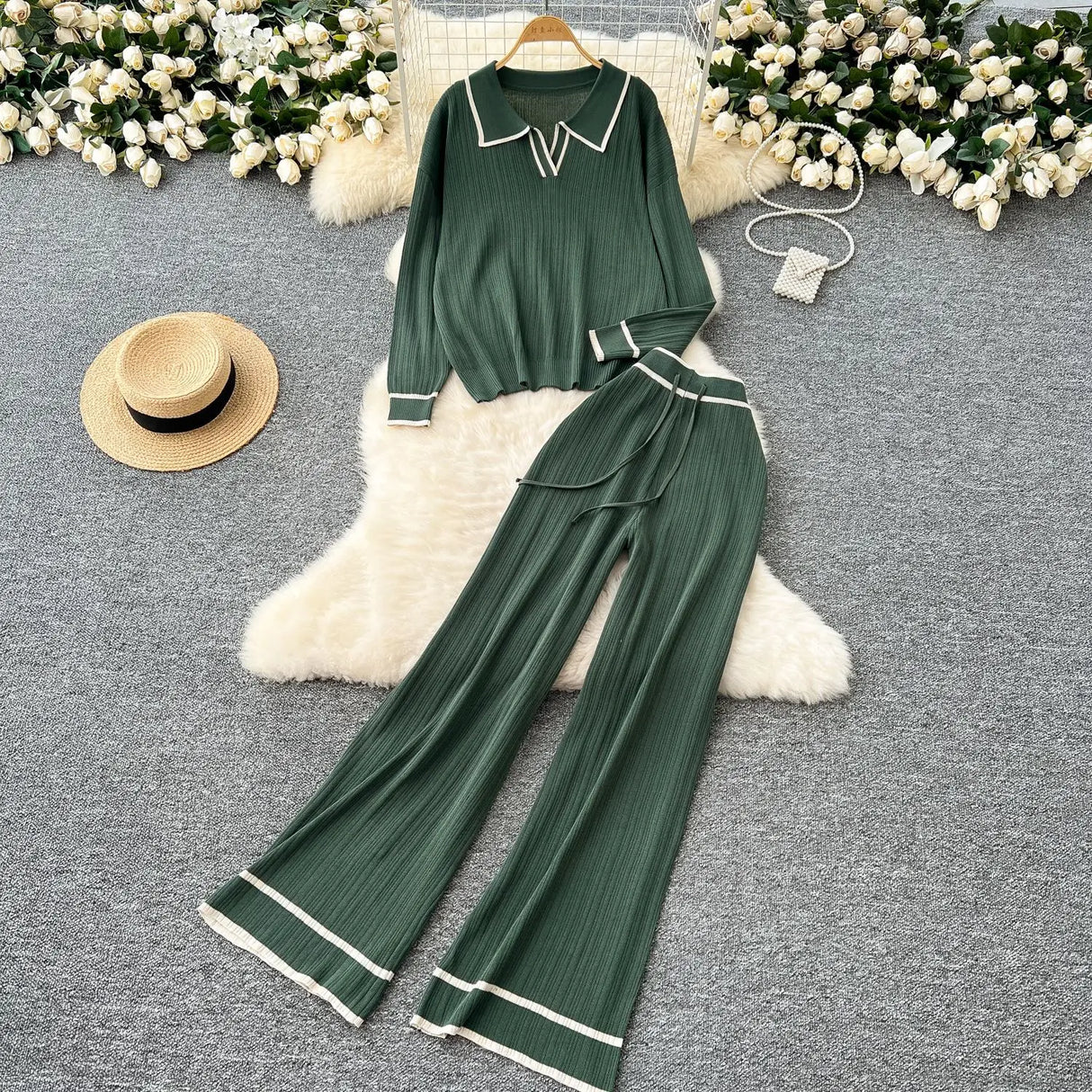 Pant Set Women Two Piece Sets Full Sleeve Turn Down Collar Tops Wide Leg Long Pants Y2k Streetwear Work High Waist Autumn Winter